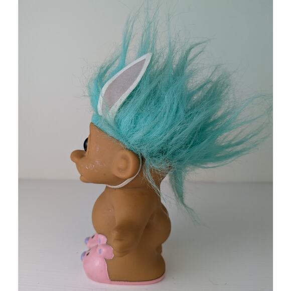 VTG Russ Easter Bunny Troll Doll 5" Girl Pink Bunny Slippers Ears Blue Hair - Picture 2 of 6